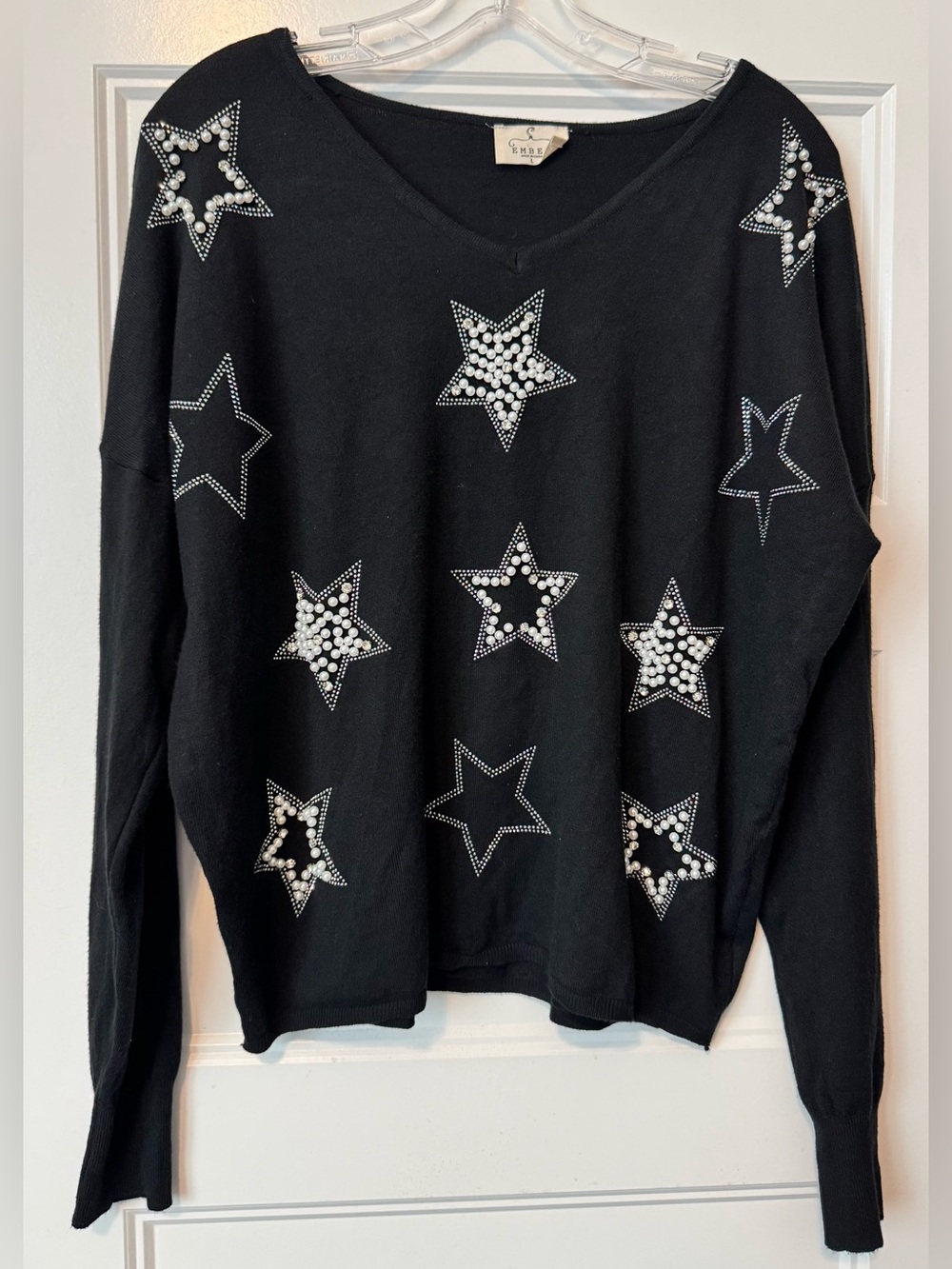Ember Black Pearl Rhinestone Star Sweater L V-Neck Embellished Y2K Glam - Picture 1 of 8